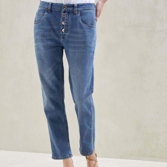 Brunello Cucinelli Monili Jeans Blue Denim Boyish Tapered Hem Button Fly Size 2 - Picture 1 of 9